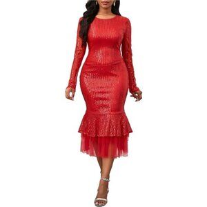 Sequins Dress Long Sleeve Bodycon Dress Ruffle Red